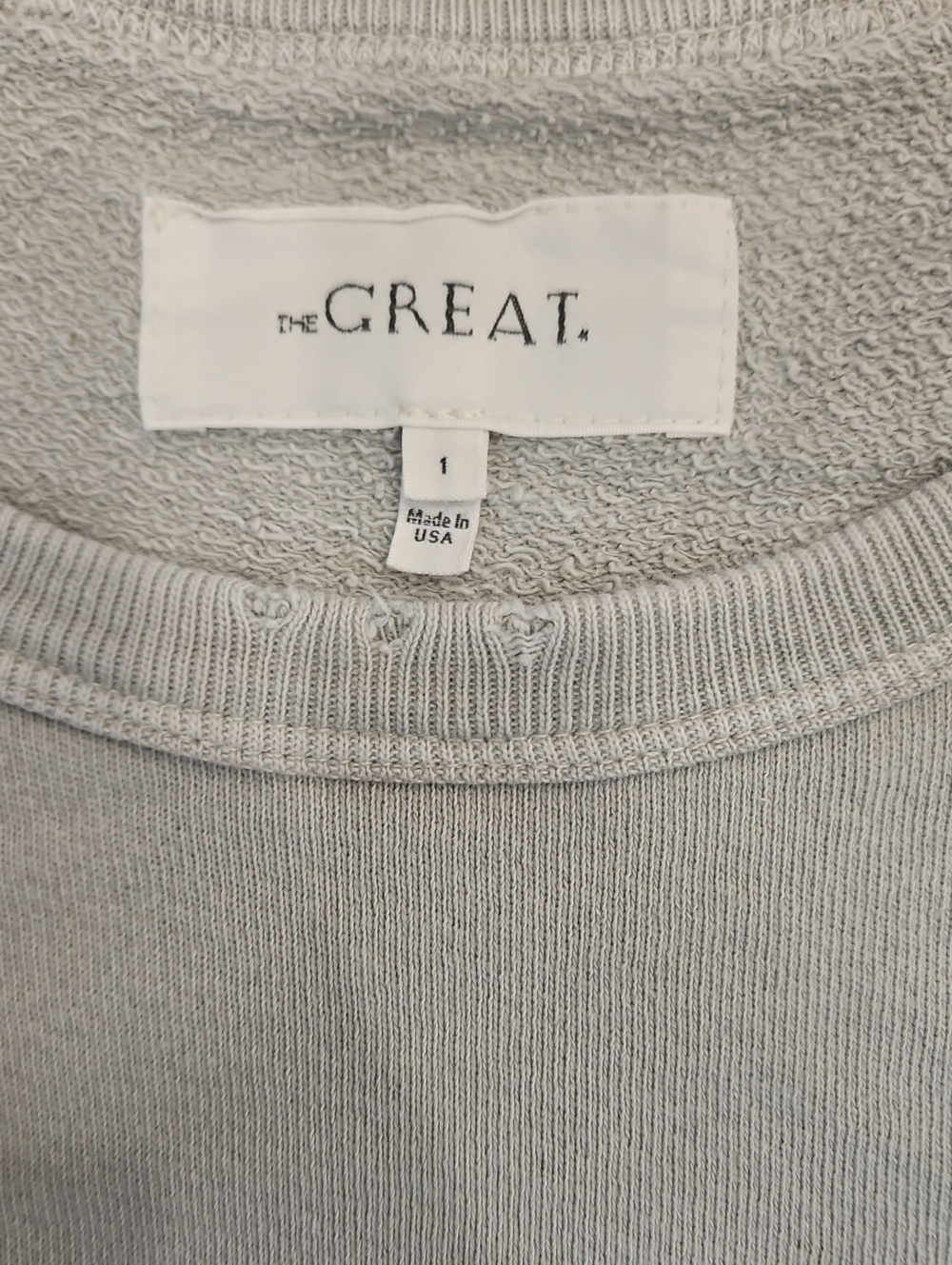THE GREAT. Distressed  Soft Sage Green Sweatshirt with Multicolor Stripe Trim - Picture 2 of 6